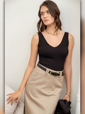A046-C • Black Ribbed V-Neck Sleeveless Tank Top